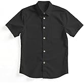 YUYAPA Boys Button Down Shirt Casual Short Sleeve Woven Shirts with Two Pockets for Kids 6-14 Years