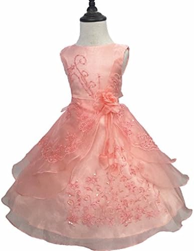 Little Girls Embroidered Beaded Flower Girl Birthday Party Dress with Petticoat Peach 2t-3t