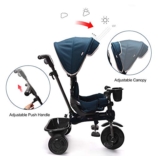 ChromeWheels 4-in-1 Kids' Trike & Stroller, Adjustable Height Push Ride Tricycle for 9 Months - 5 Year Old, Blue