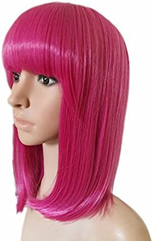 CosMe 14'' Hot Pink Wig -Charming Short Straight Hair Women Girl's Synthetic Wig with Air Bangs with Free Wig Cap and Wig Comb(Hot Pink)