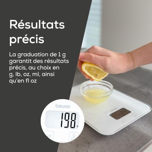 KS 19 Pure White balance de cuisine numérique, capacité de charge jusqu'à 5 kg (graduation précise au gramme près), avec commande tactile par capteur, balance alimentaire incl. piles, blanc