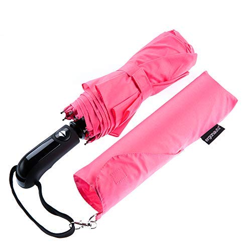 Ergonauts Windproof Vented Double Canopy Travel Umbrella – Teflon Coating, Ergonomic Handle & Protective Sleeve – Portable Compact Foldable Lightweight Design and High Wind Resistance (Pretty Pink)