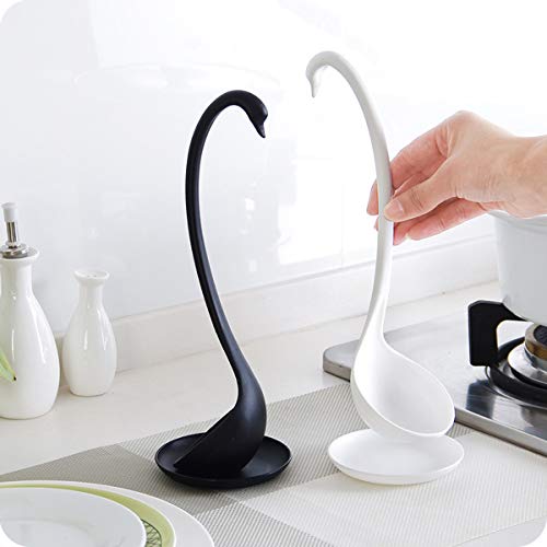 Kitchen Spoon Soup Ladle Elegant Swan Creative Cooking Tools Tableware Kitchen accessories with Tray (Black+White) 2 PACK