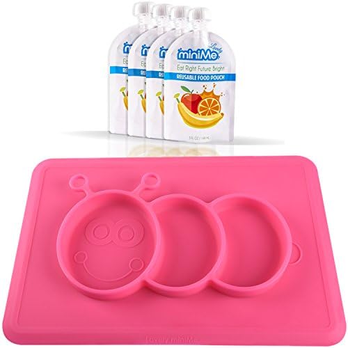 Lovely Minime - One-piece silicone placemat + plate, Toddler suction plates with 4 feeding food pouches (Pink)