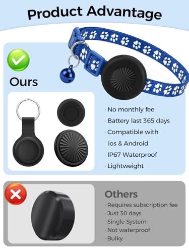 GPS Cat Collar, GPS Dog Collar, Compatible with iOS and Android, No Subscription, IP67 Waterproof, Global Tracking, 7 Day Route Playback, Replaceable Battery, Suitable for Dogs/Cats