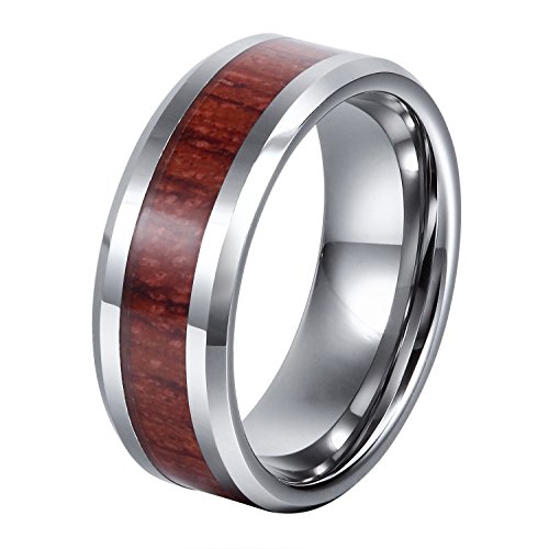 L-Ring 8MM Tungsten Rosewood Inlay Engagement Wedding Ring with Polished Edges Comfort Fit,Size 7-14