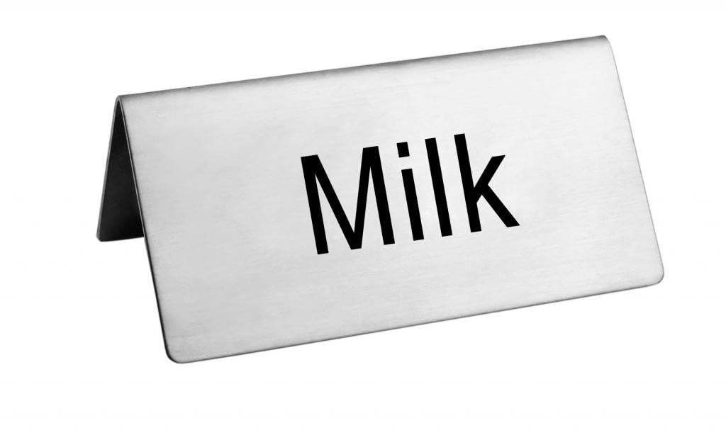 New Star Foodservice 27341 Stainless Steel Table Tent Sign, (Milk), 3"x 1.5", Set of 2
