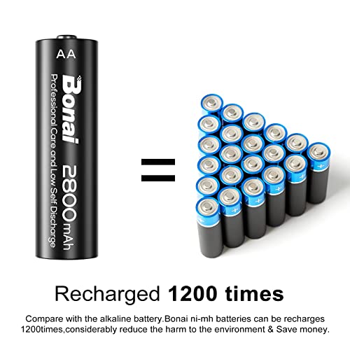 BONAI AA Rechargeable Batteries, High Capacity 2800mAh 1.2V 1200 Cycles AA Rechargeable NI-MH Batteries, Pre-Charged for Home Equipment (16 Pieces)
