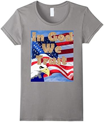 Women's In God We Trust Patriotic US Motto Flag Bald Eagle T-Shirt Large Slate