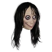 Creepy Momo Mask, Scary Momo Challenge Games Evil Latex Mask with Long Hair, Halloween Costume Party Props Black