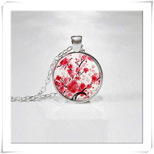 Japanese Cherry Blossom Necklace ï¼ŒRed Pendant ï¼ŒBeautiful Blossoms Pendantï¼ŒDome Glass Ornaments, Hand-Made