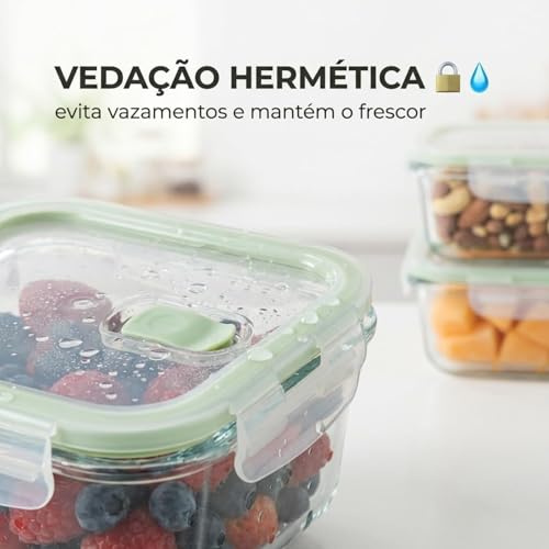 Pote de Vidro Hermético 370ml Retangular Kit 10 Unidades Marmita com Trava Organizador de Alimentos para Geladeira Freezer e Microondas