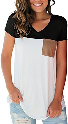LOSLISS Women's Short Sleeve Color Block T-Shirt Tee Tops with Suede Pocket