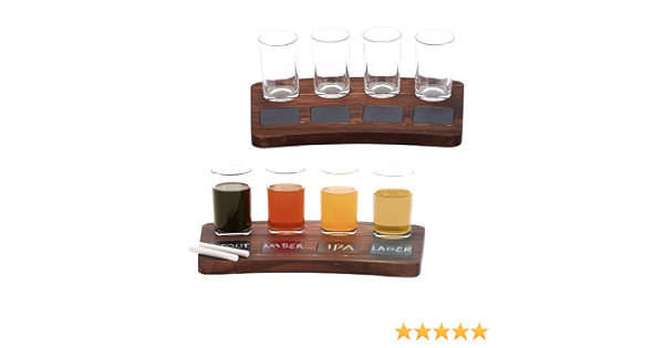 Houseables Beer Flight Board, Tasting Kit, 13"X8", Set Of 2 Boards With 8 Glasses, Wood Paddle, Drink Serving Tray, Chalkboard Labels, Craft Brew Sampler, For Bar, Brewery, Gifts, Party, Education