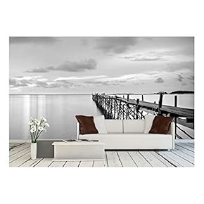 Black and White Photography of a Beach Wooden Pier - Removable Wall Mural | Self-Adhesive Large Wallpaper - 66x96 inches