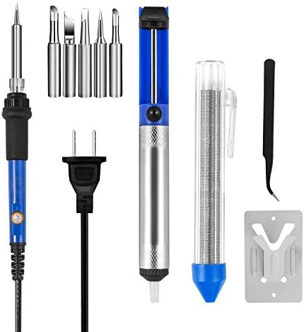VICTOREM Soldering Iron Kit 7-In-1 60W 110V Adjustable Temperature Welding Iron with 5pcs Tips Anti-static Tweezer Solder Sucker Solder Wire Stand Sponge