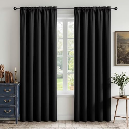 CUCRAF Black Blackout Curtains 96 inch Length 2 Panels Set, Rod Pocket Room Darkening Drapes for Bedroom Living Room, Insulated Thermal Light Blocking Window Curtain (W52 x L96 Inch)