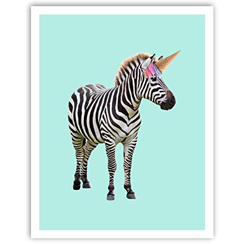 Zebra & Rainbow Ice Cream Cone Unicorn Art Print Poster - Fun Home & Bedroom Wall Art for Girl's Bedroom & Home Decor 11x14 inches, Unframed