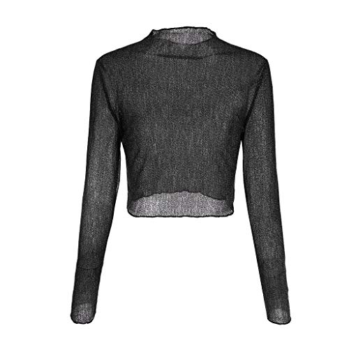 Women's Sexy See Through Sheer Mesh Long Sleeve Crop Top Tunic Blouse Shirts Belly Tank Tops Clubwear Black