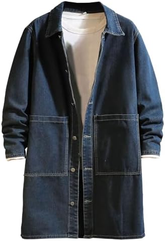 Mens Classic Denim Trench Coat Button Down Cardigan Lapel Long