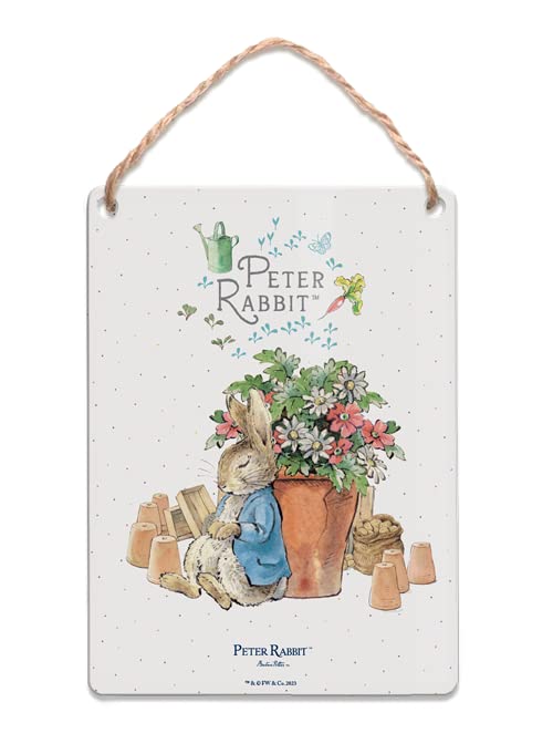 Metal Dangler Sign (65 x 90 mm) - Beatrix Potter - Peter Rabbit Sleeping by Flower Pots — image 1