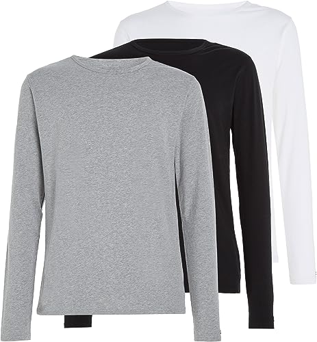 Homme Lot de 3 T-Shirts Manches Longues Basic, Multicolore (Black/White/Grey Heather), M