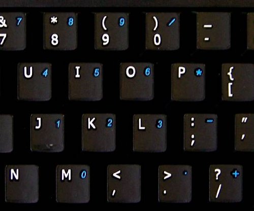 ENGLISH US ADDITIONAL NON-TRANSPARENT KEYBOARD DECALS BLACK, WHITE OR GREY BACKGROUND FOR DESKTOP, LAPTOP AND NOTEBOOK (Black Background)