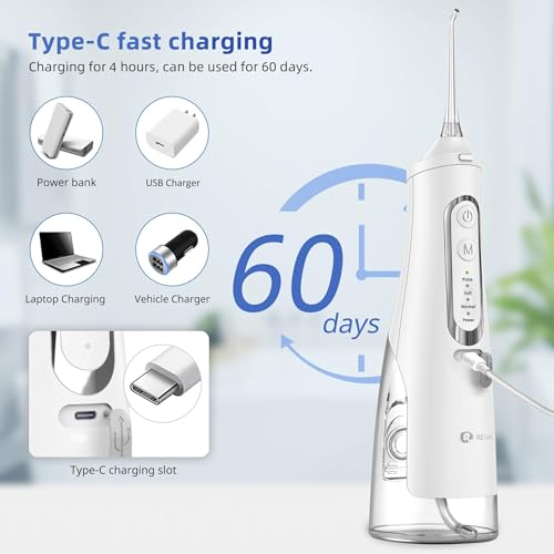 R REVA Cordless Dental Water Flosser for Teeth, Gums & Braces - Electric Oral Irrigator 310ML, 4 Modes, Rechargeable, 4 Jet Tips, Smart Memory, 360° Nozzle, IPX7 Waterproof & Low Noise (M209 - White)