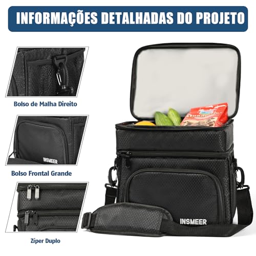 INSMEER Bolsa Térmica Marmita Para Homens, 2 Compartimentos Lancheira Termica Para Adulto Masculina Bolsa Termica De Separado Para Alimentos Quentes E Frios (2 Compartimentos, Preto)
