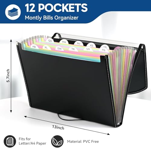 13 Pockets File Organiser, Accordion Expanding File Folder, Document Organiser with 12 Tabs, Folders for Paperwork A4 for Home, Office, and School, Black