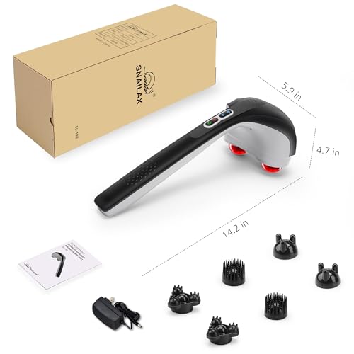Snailax Cordless Handheld Back Massager with Heat,Deep Tissue Percussion Massager, 3 Sets of Dual Pivoting Heads,Rechargeable Hand Held Massager for Neck,Back Shoulder,Calf,Legs, Gifts for Women Men