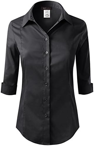 ELF FASHION Roll up 3/4 Sleeve Button Down Shirt for Womens Made in USA (Size S~3XL) Black S