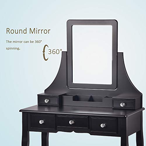 Amooly Vanity Set with Mirror,5 Large Sliding Drawers, Removable Makeup Organizer,Cushioned Stool Dressing Table Vanity Makeup Table Black