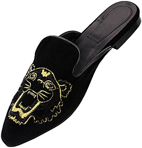 Elegant Footwear Women's Pointed Toe Embroidered Tiger Mule Loafer Slipper,8.5 B(M) US,Black
