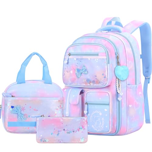 Amythe Kawaii 3-Piece Primary Girl's Backpack Set, School Bag, School Bag for Girls, College Lightweight for CP CE CM 6-12 Years L-Blue