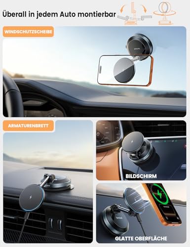 Lamicall 15 W for MagSafe Car Mount with Charging Function - [Top Vacuum] Magnetic Mobile Phone Holder Car Suction Cup for Dashboard & Windscreen, Magnetic Mobile Phone Holder Car Charger for iPhone