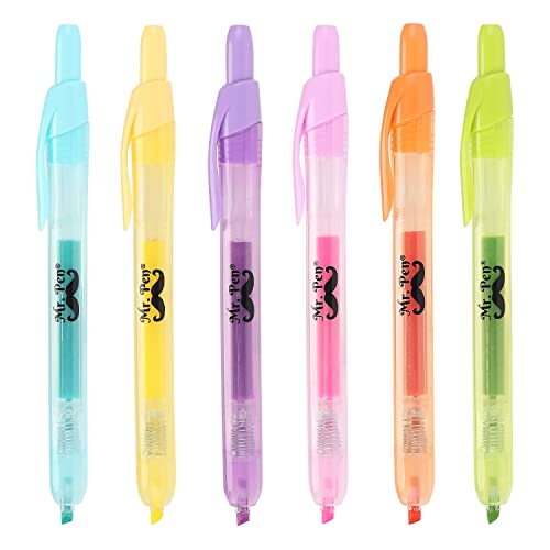 Mr. Pen- Retractable Highlighters, 6 Pack, Pastel Colors, Chisel Tip, No Smear Click Highlighter, Bible Journaling, Mild Markers, Pens