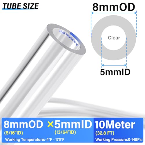 TAILONZ PNEUMATIC Transparent 8mm or 5/16 OD 5mm ID Polyurethane PU Air Hose Tube Kit 10 Meters 32.8ft