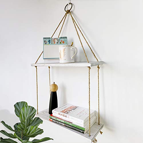 2 Tier Hanging Shelf Wall, Wood Hanging Floating Shelves with Jute Rope