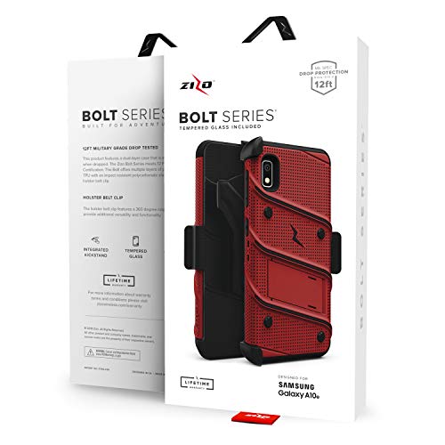 ZIZO Bolt Series Samsung Galaxy A10e Case | Heavy-Duty Military-Grade Drop Protection w/Kickstand Included Belt Clip Holster Tempered Glass Lanyard (Red/Black)