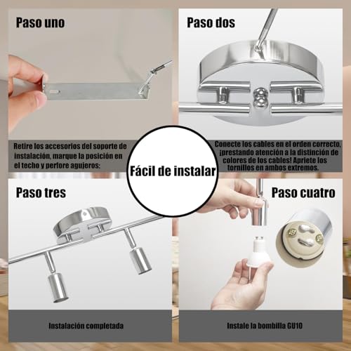 Luckyzoe Iluminación de Riel Led de 4 Luces, iluminación puntual de techo, cabezal de luz giratorio flexible, lampara de riel, 4 luz (GU10), Sin foco, Cromo