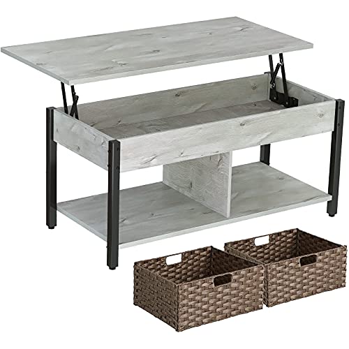 Rolanstar Lift Top Coffee Table with Storage and Rattan Baskets, Rustic