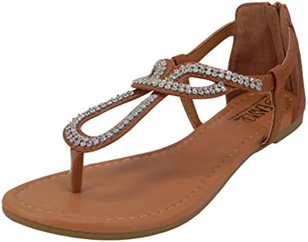Womens Rhinestone Strap Gladiator Style Thong Sandals Flats (10, Tan Rhinestone)