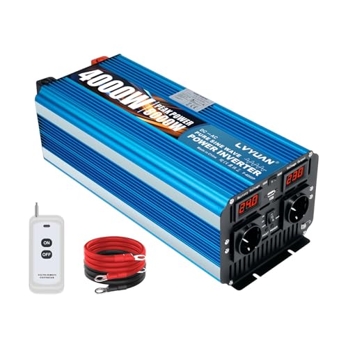 LVYUAN 24V 220V 4000W/8000W Pure Sine Inverter Transformer 2 EU AC Sockets, USB, Wireless Remote Control and LED Display for Solar Systems, Car, Camping, Travel