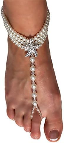 Beach Wedding Barefoot Sandals - Beaded Pearl Anklet With Rhinestone Starfish - Destination Wedding Ankle Bracelets - Set Of 2 - Bead Color Ivory