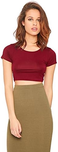 2ne1 Apparel Womens Basic Short Sleeve Cotton Round Crew Neck Crop Top (MEDIUM, BURGUNDY)