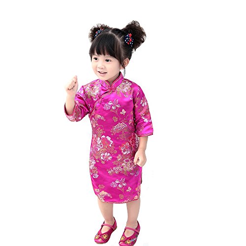HooyiChinese Girls Dress Peony Rose Qipao Half Sleeve Cheongsam Wedding Dresses Princess Birthday Party Costume