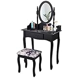 Giantex Vanity Set with Oval Mirror and Cushioned Stool, Wood Dressing Table with Drawers Storage Shelf, Bedroom Bathroom Makeup Table with Rotatable Mirror for Girls Women (Black, 1 Drawer)