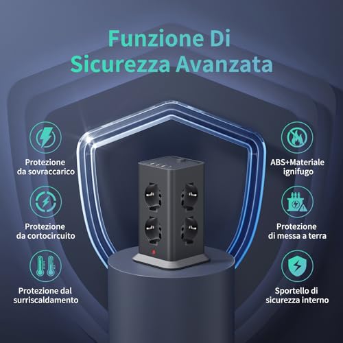 2 M Power Strip with 8 Universal Sockets 10/16A ITA and Schuko and 3 USB A+1 USB C Overvoltage Protection with 1 Switches for Office, Home, 3680 W Electrical Extension Socket, Black | 8 10A/16A AC Prese Multipla, Protezione Sovratensione Prolunga Elettrica,1 Interruttori Torretta Scarpetta Verticale 3680W