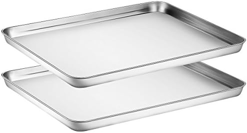 Baking Sheets Set of 2, HKJ Chef Cookie Sheets 2 Pieces &amp; Stainless Steel Baking Pans &amp; Toaster Oven Tray Pans, Rectangle Size 16Lx12Wx1H inch &amp; Non Toxic &amp; Healthy &amp; Easy Clean